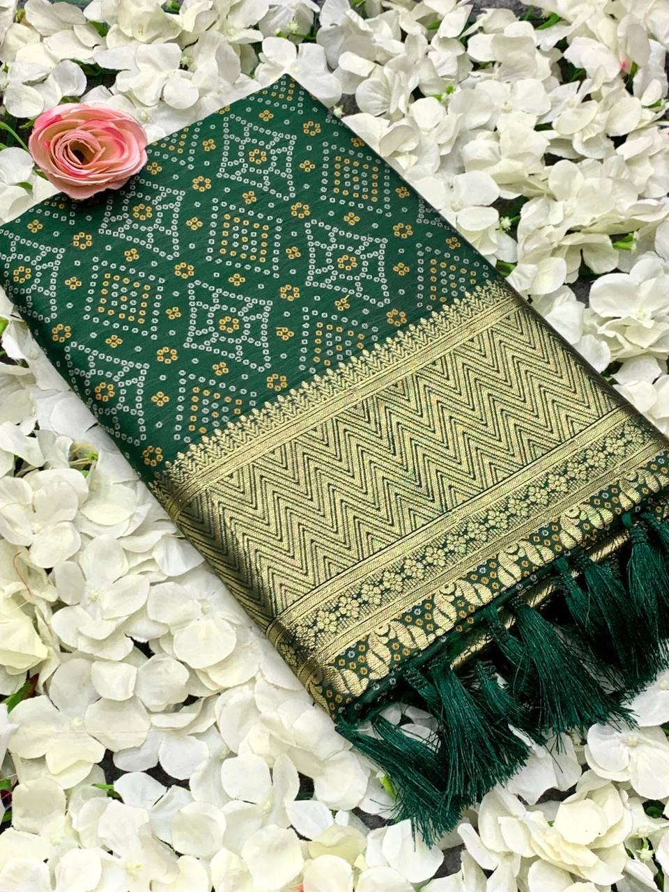 Bandini Patola Silk Weaving Rich Pallu Green Color Saree