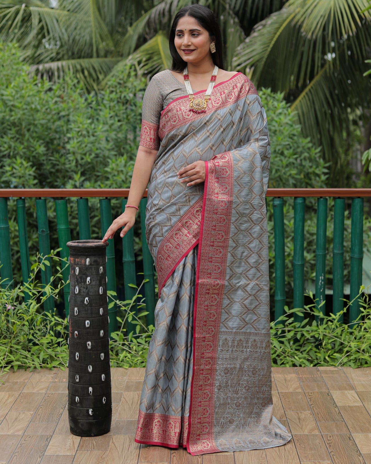Banarasi Grey Color Kanjivaram Pattern Silk Saree