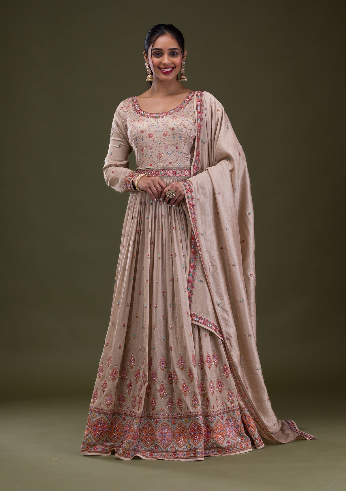 Beige Threadwork Semi Crepe Readymade Salwar Suit