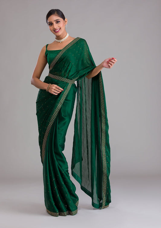 Bottle Green Swarovski Semi Crepe Designer Saree