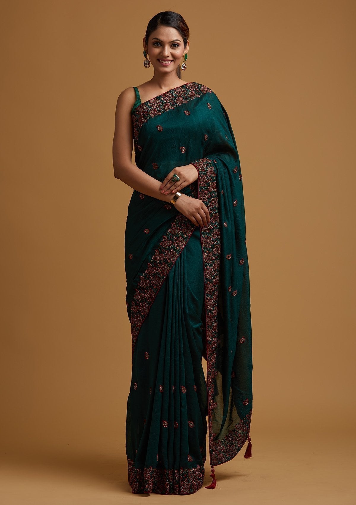 Bottle Green Threadwork Soft Silk Saree