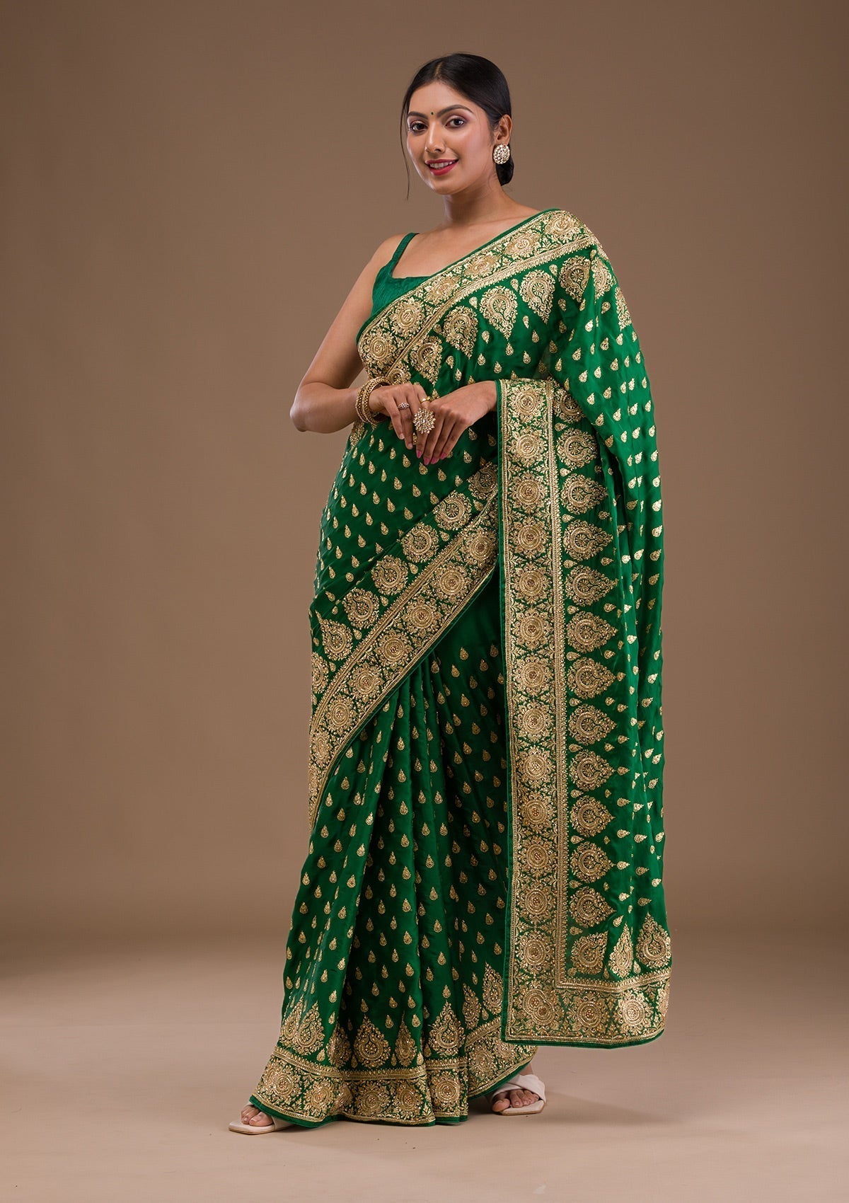 Bottle Green Zardosi Crepe Saree