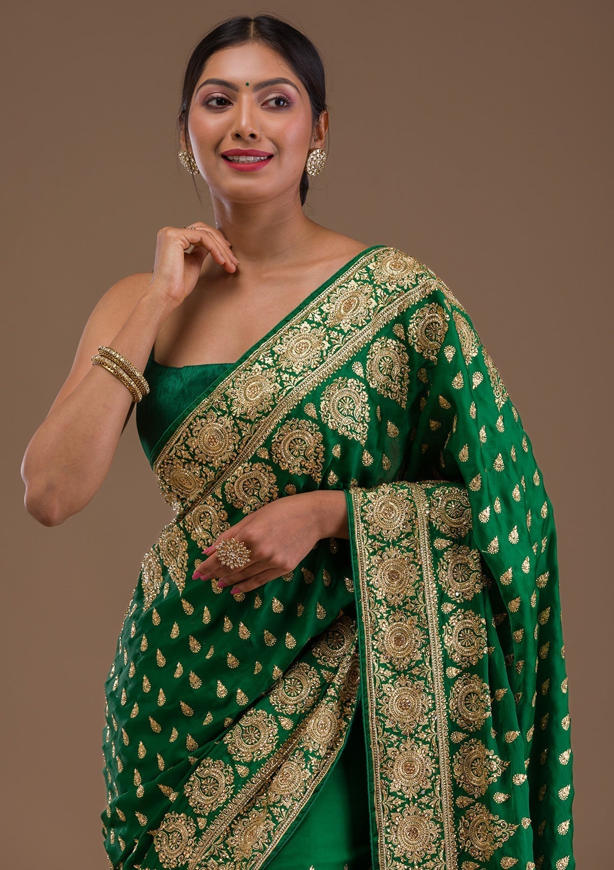 Bottle Green Zardosi Crepe Saree