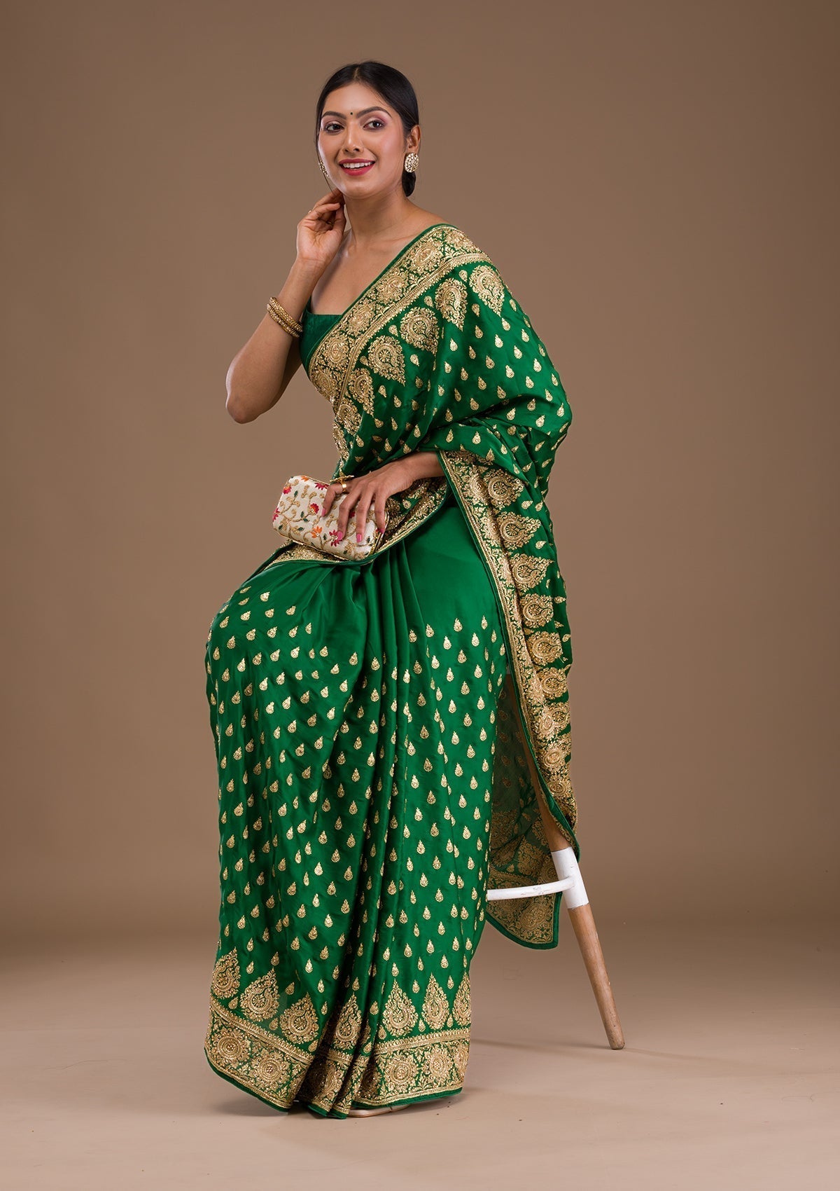 Bottle Green Zardosi Crepe Saree