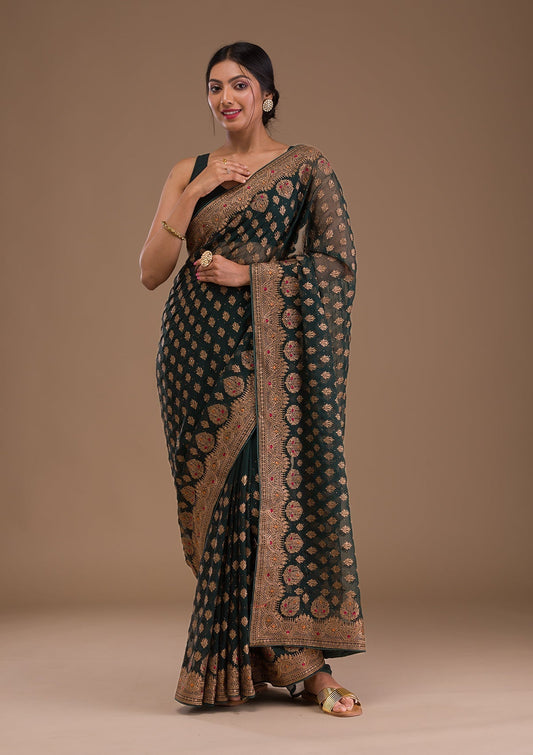 Bottle Green Zariwork Georgette Saree