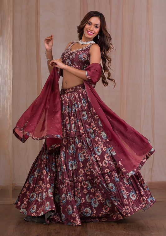 Brown Cutdana Satin Readymade Lehenga