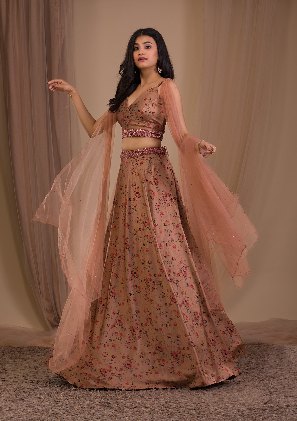 Brown Printed Satin Readymade Lehenga