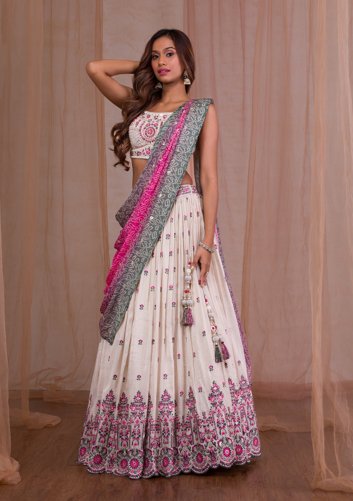 Cream Threadwork Semi Crepe Readymade Lehenga