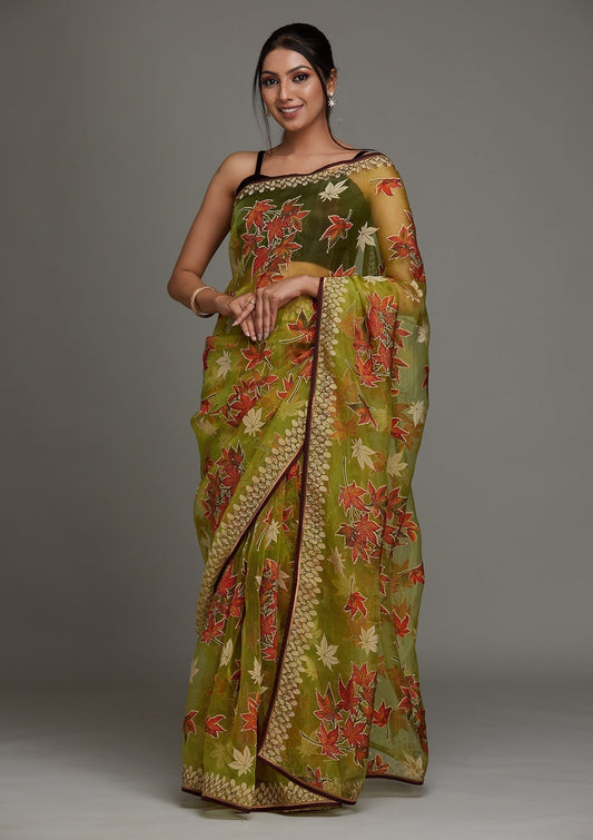 Parrot Green Printed Organza Designer Saree