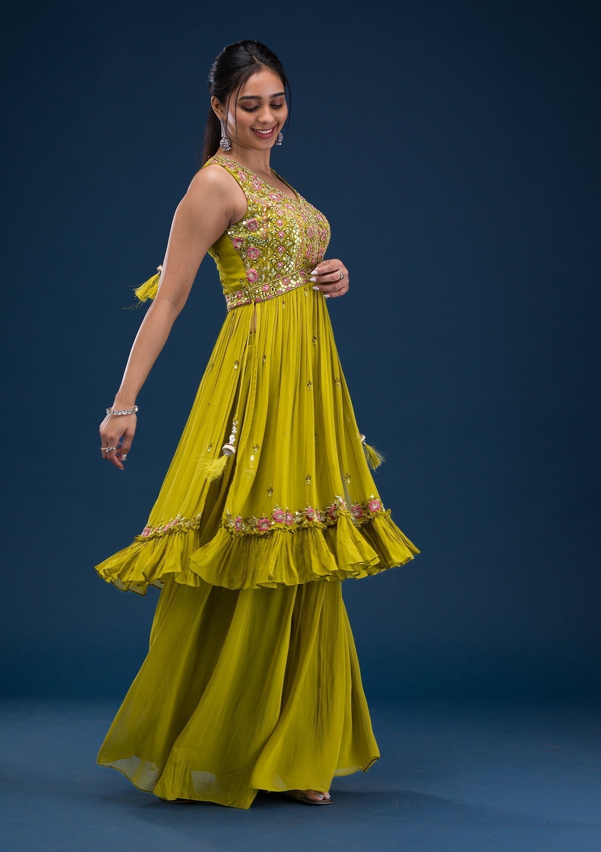 Parrot Green Mirrorwork Georgette Readymade Salwar Suit