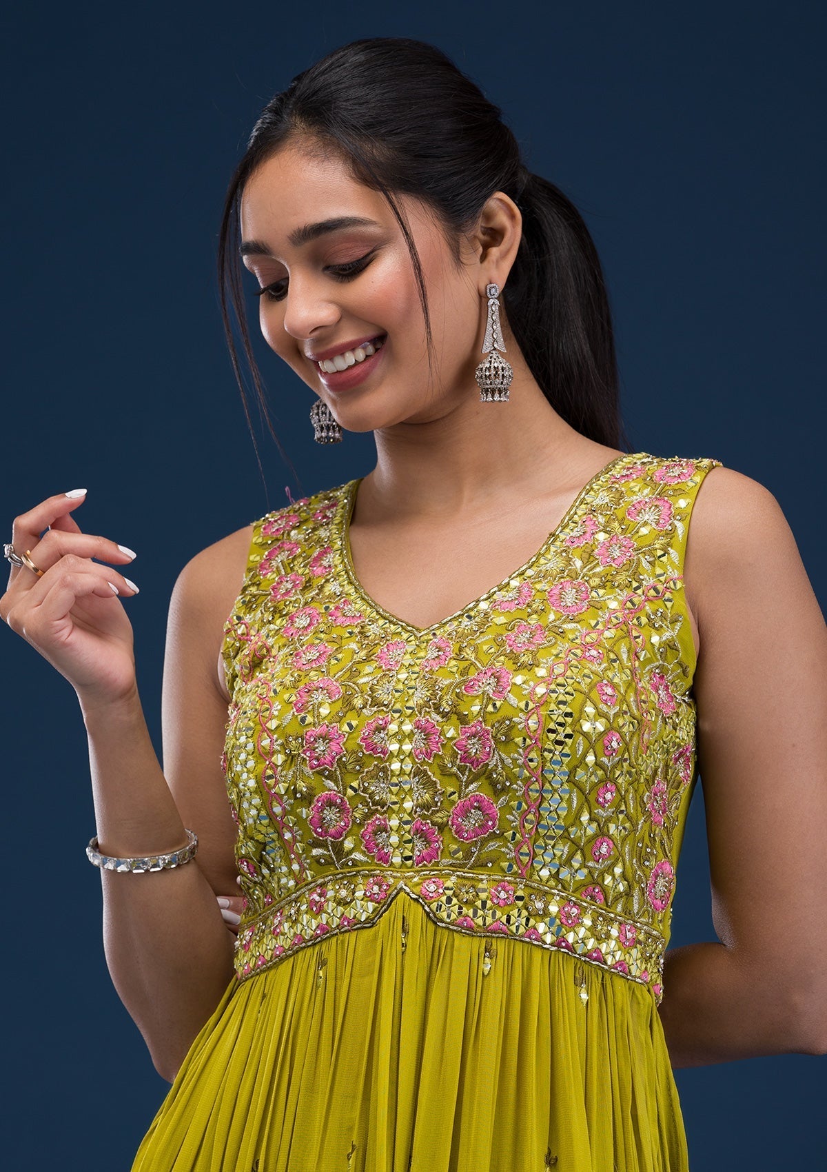 Parrot Green Mirrorwork Georgette Readymade Salwar Suit