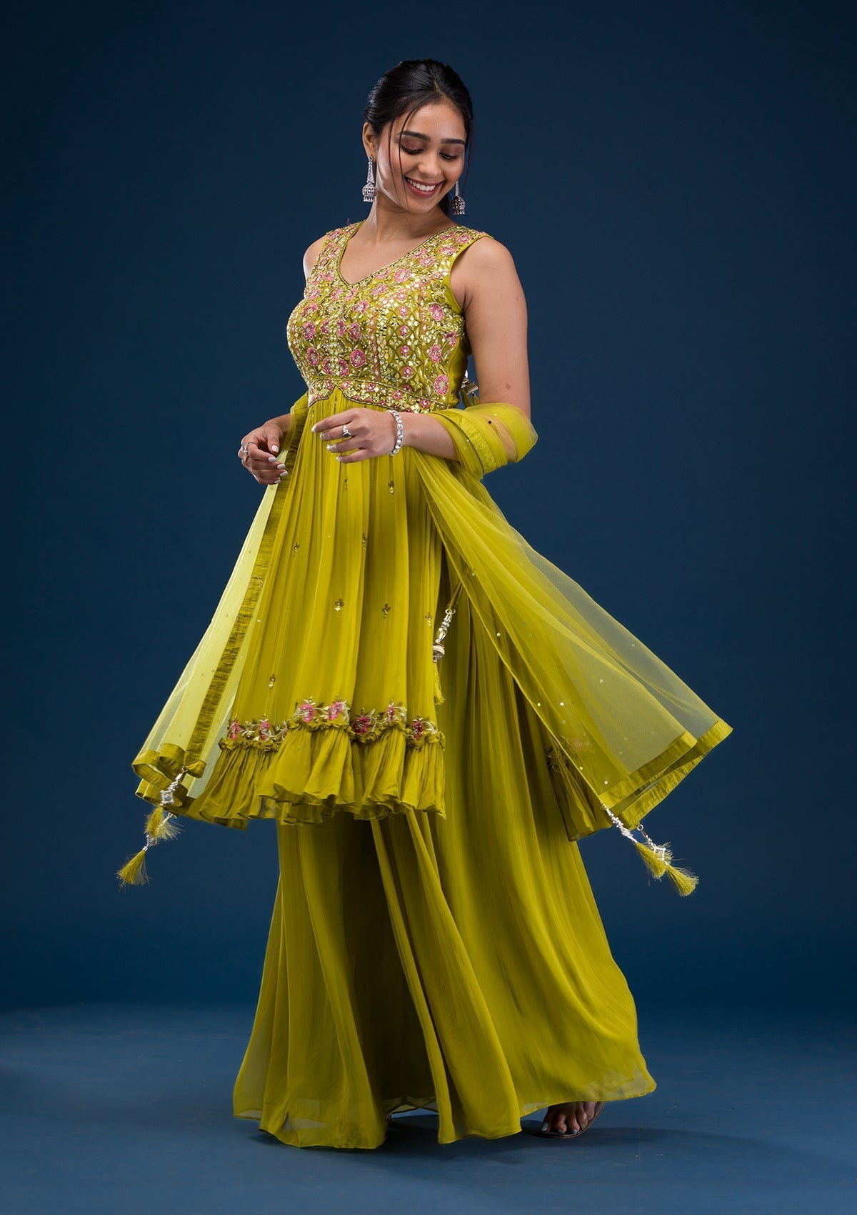 Parrot Green Mirrorwork Georgette Readymade Salwar Suit
