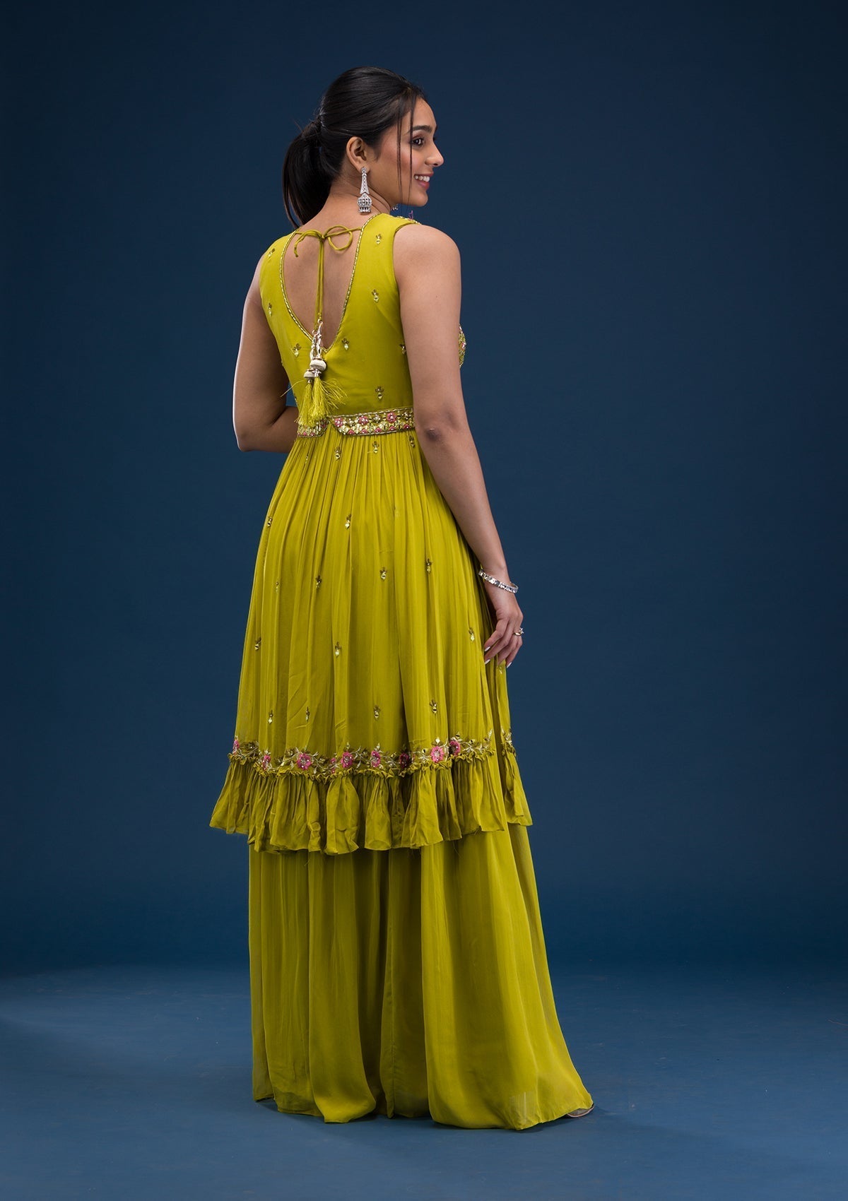 Parrot Green Mirrorwork Georgette Readymade Salwar Suit