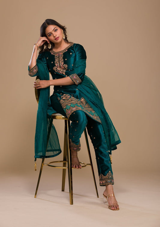 Peacock Blue Zariwork Velvet Readymade Salwar Suit