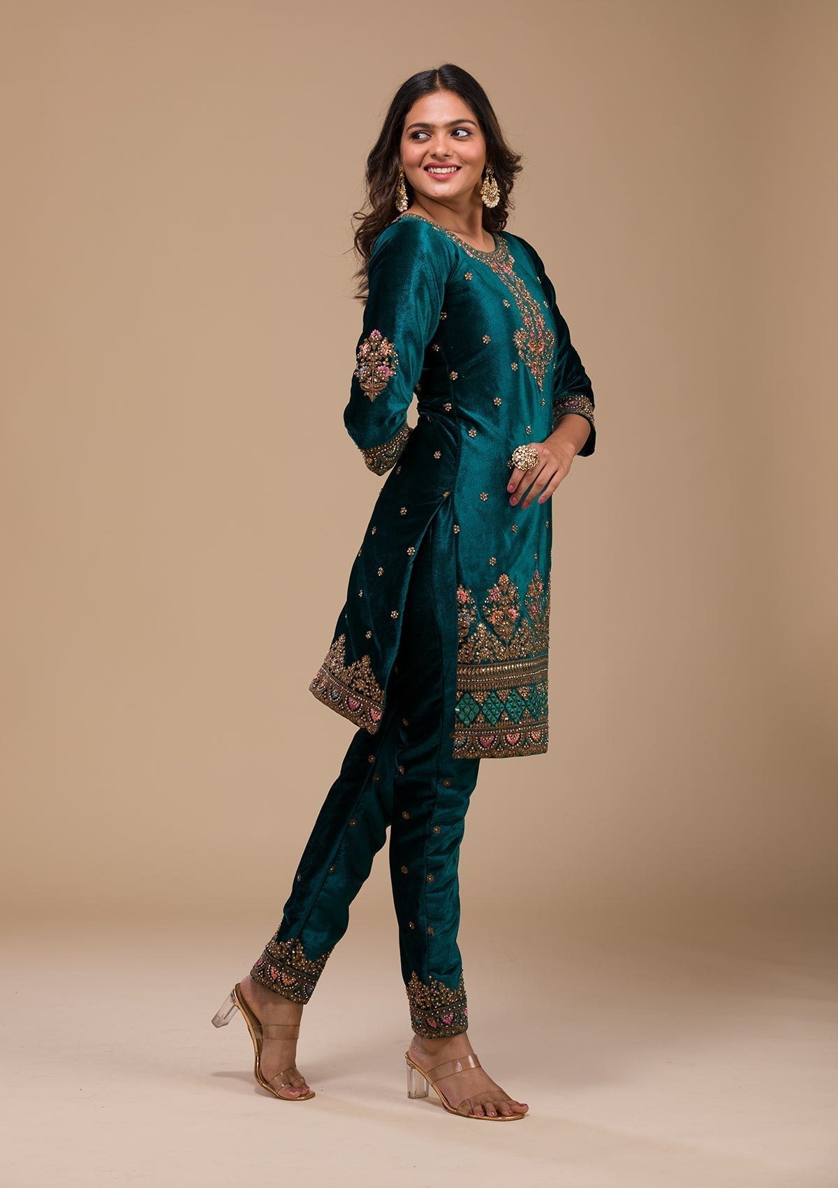 Peacock Blue Zariwork Velvet Readymade Salwar Suit