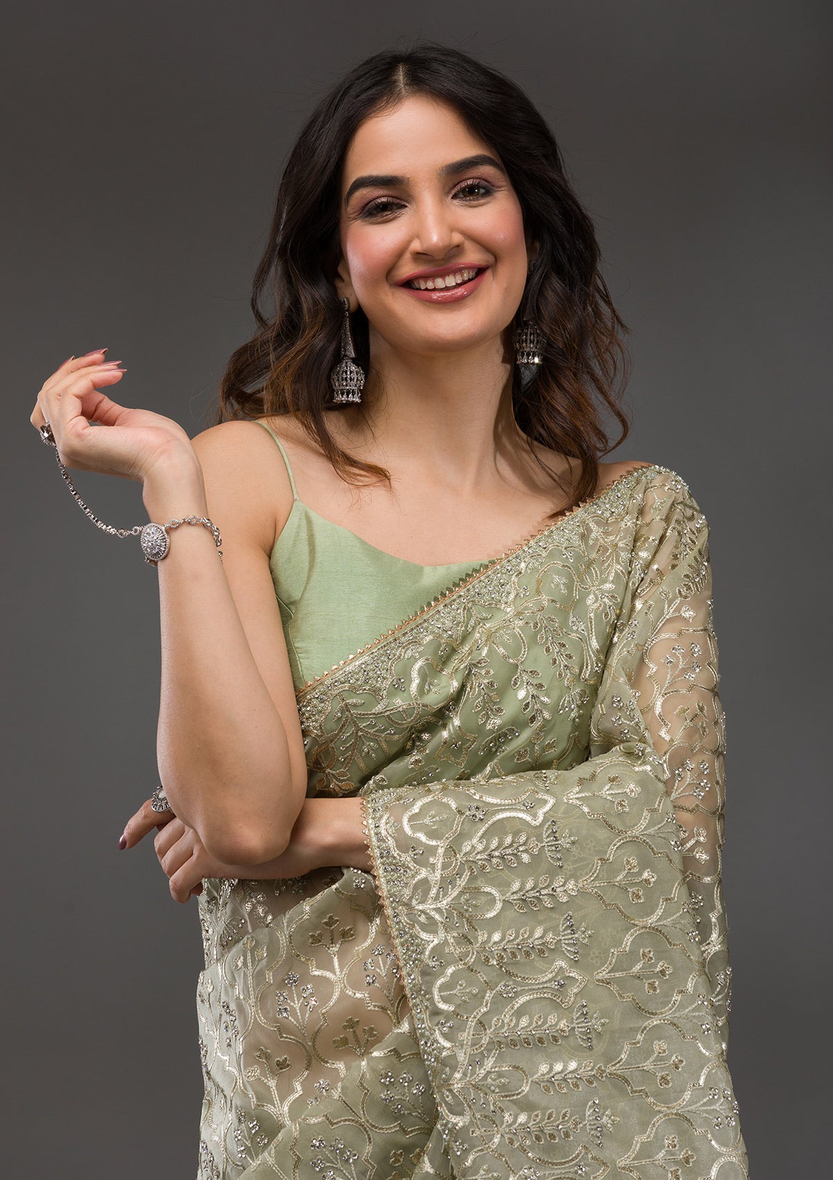 Pista Green Gotapatti Tissue Saree