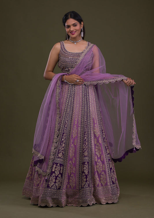 Purple Stonework Georgette Readymade Lehenga