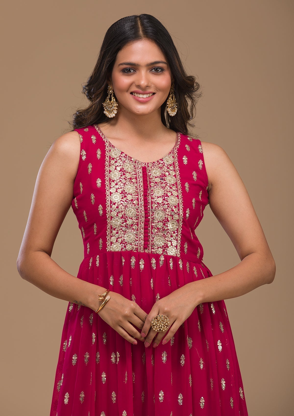 Rani Pink Zariwork Georgette Readymade Salwar Suit