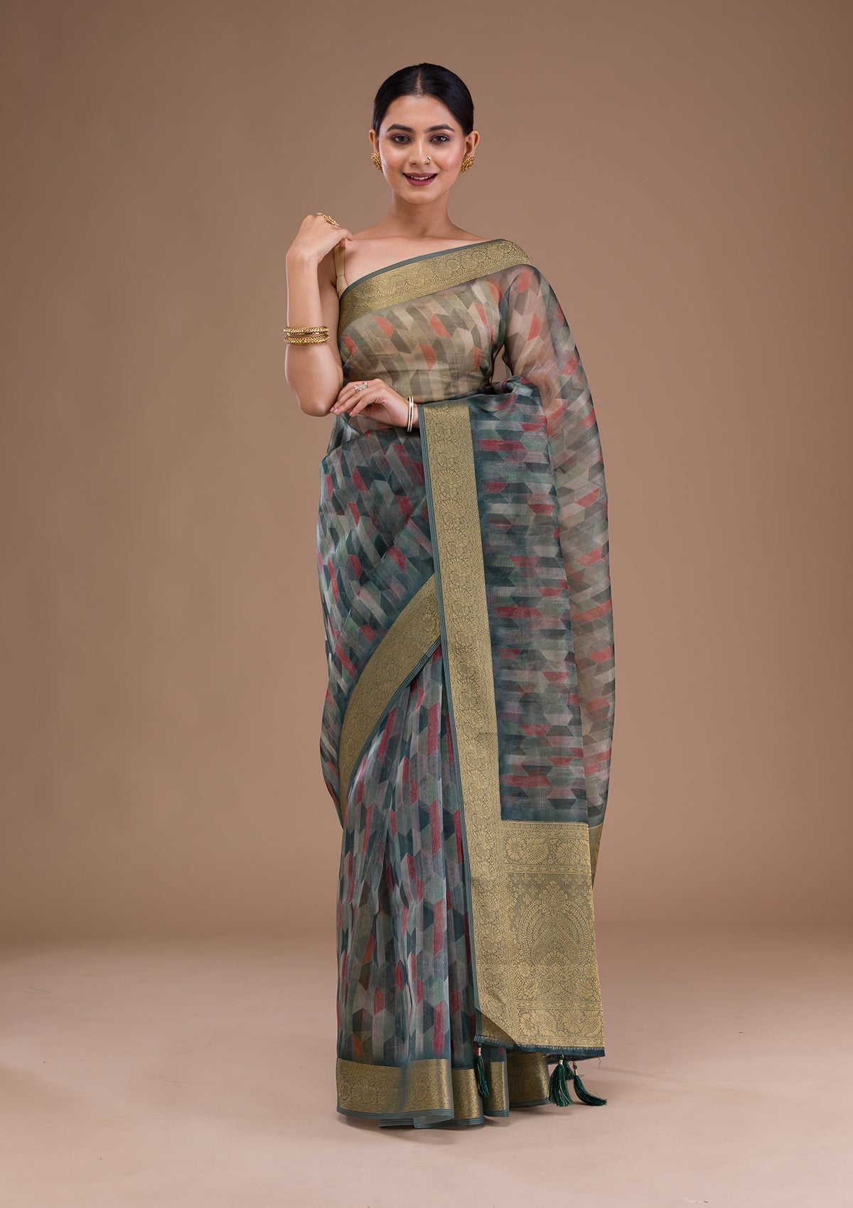 Sea Green Printed Tissue Saree