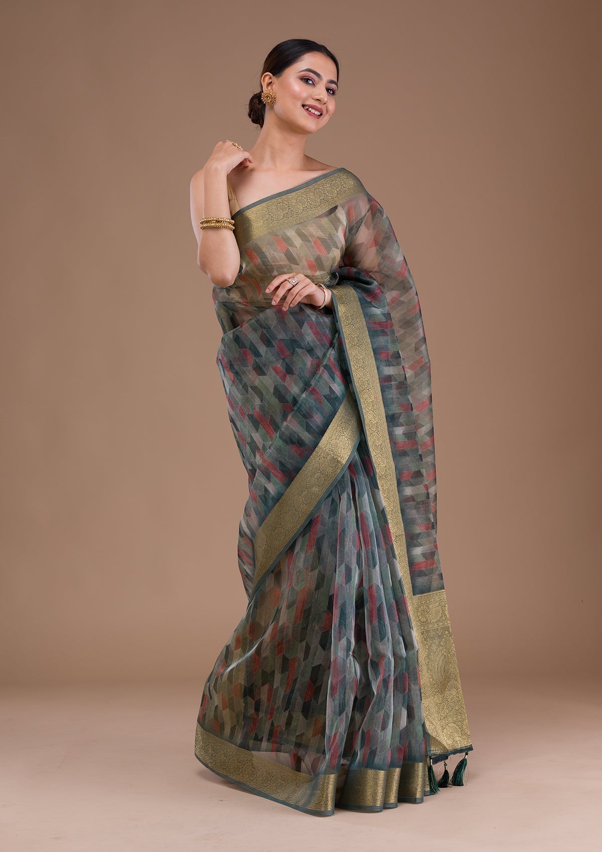 Sea Green Printed Tissue Saree