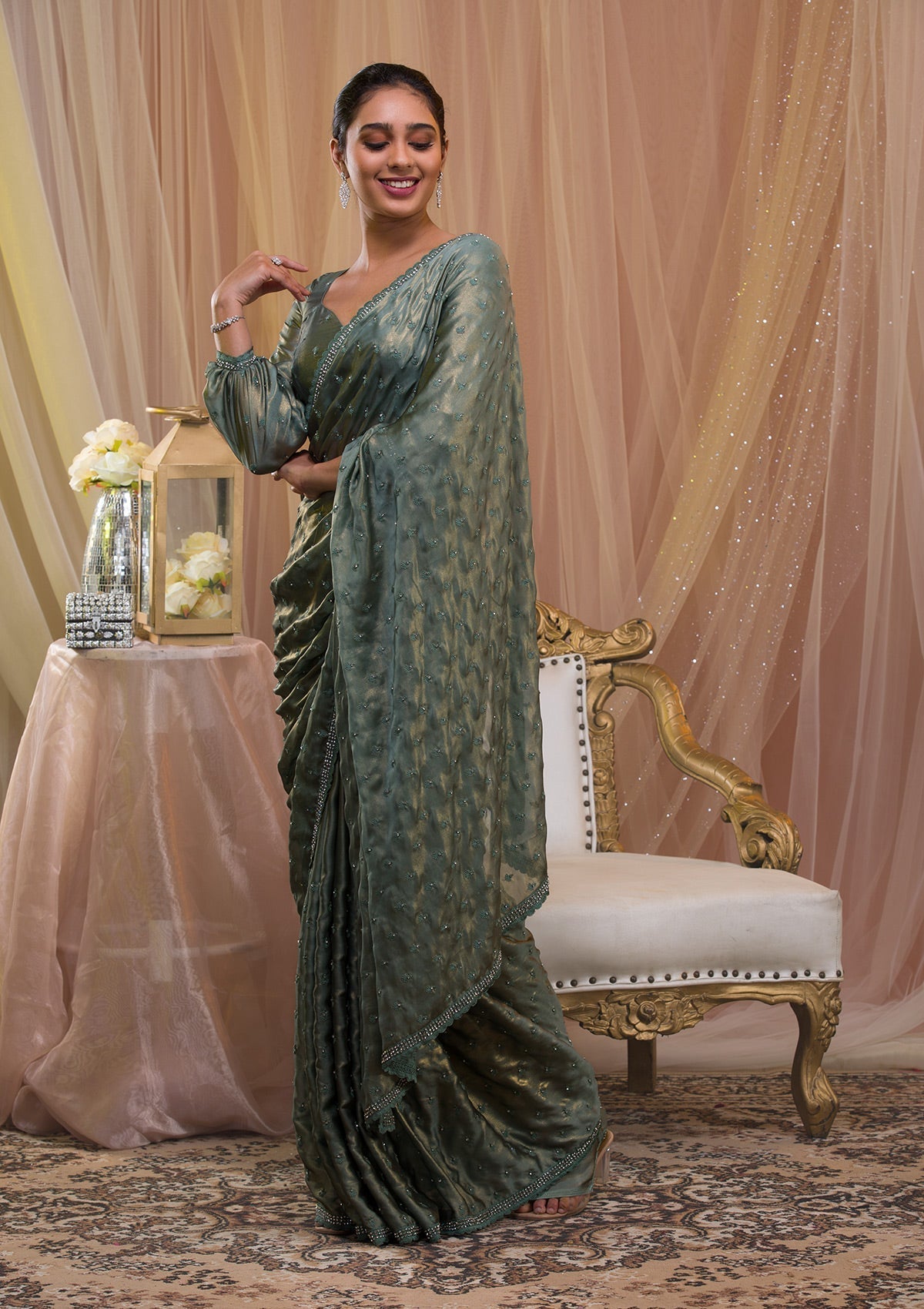 Sea Green Stonework Crepe Designer Saree