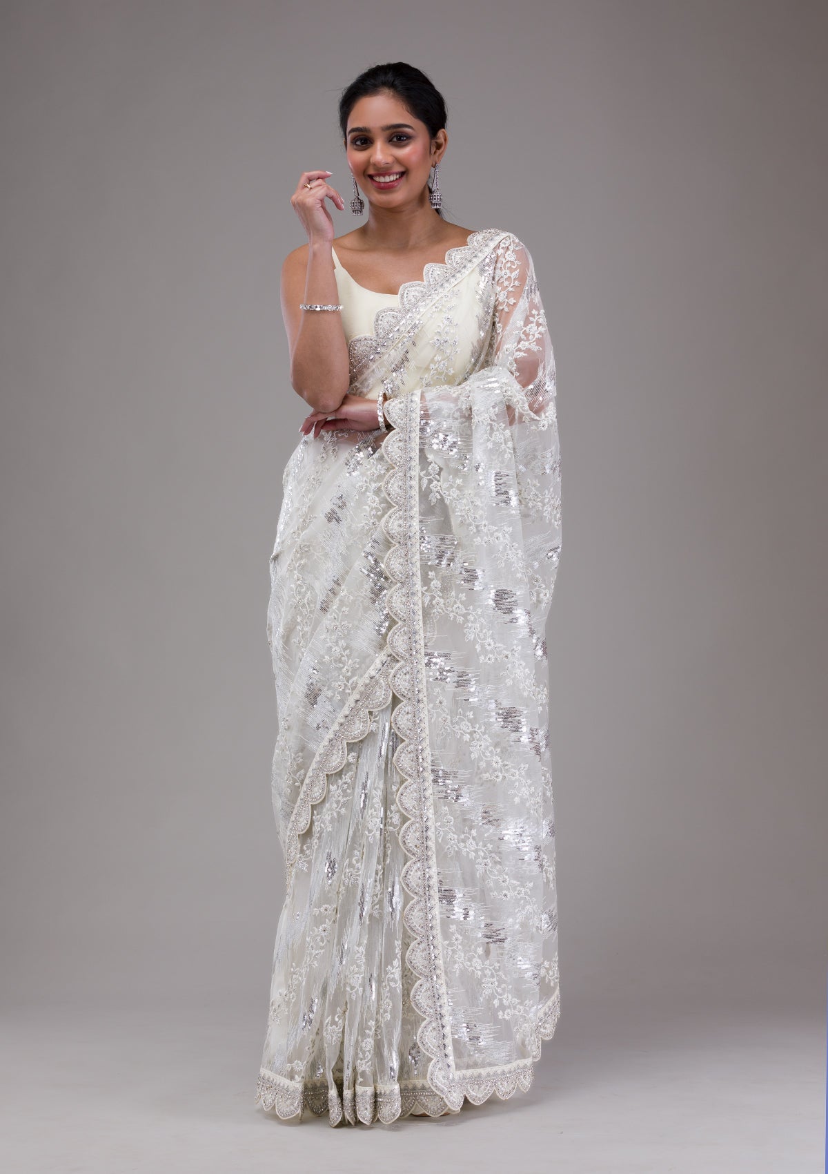 White Threadwork Net Saree