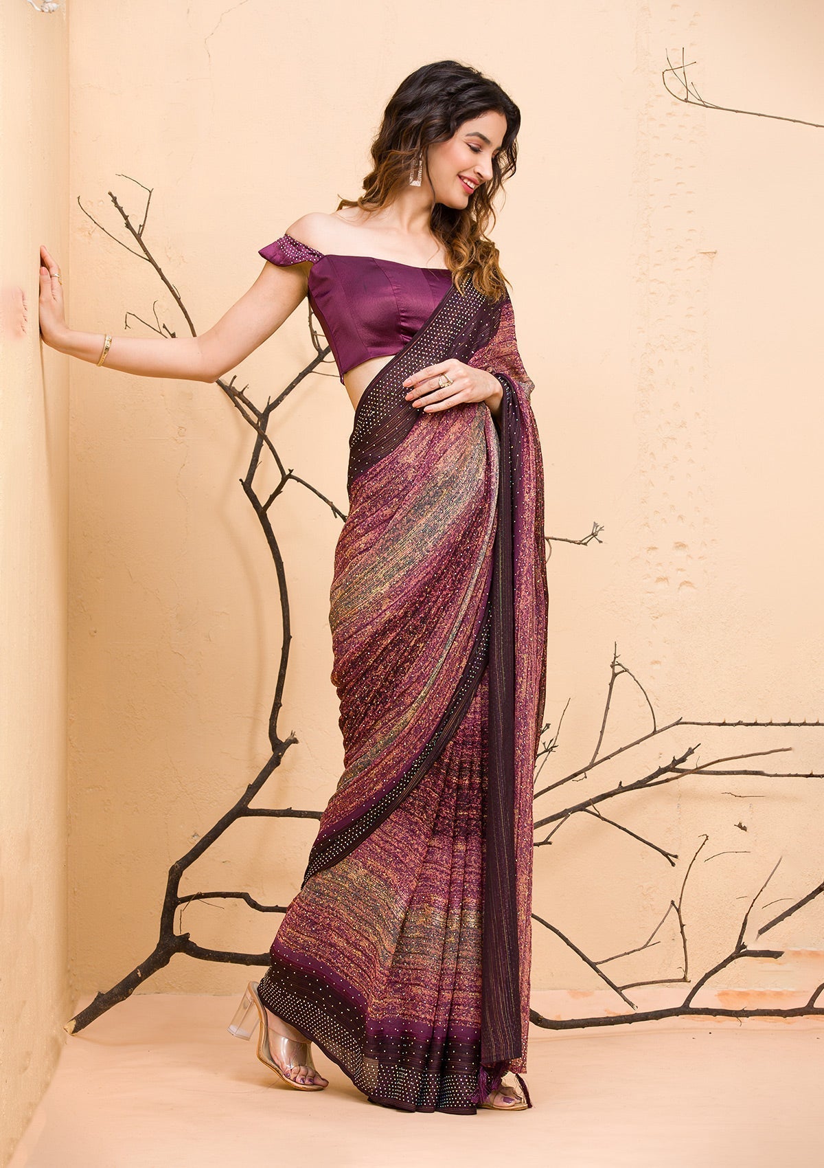 Wine Chiffon Designer Saree