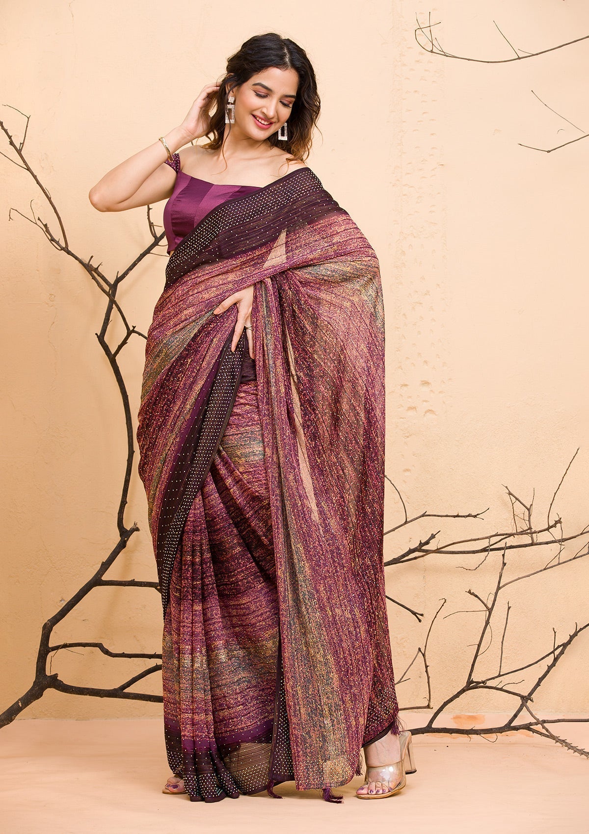 Wine Chiffon Designer Saree