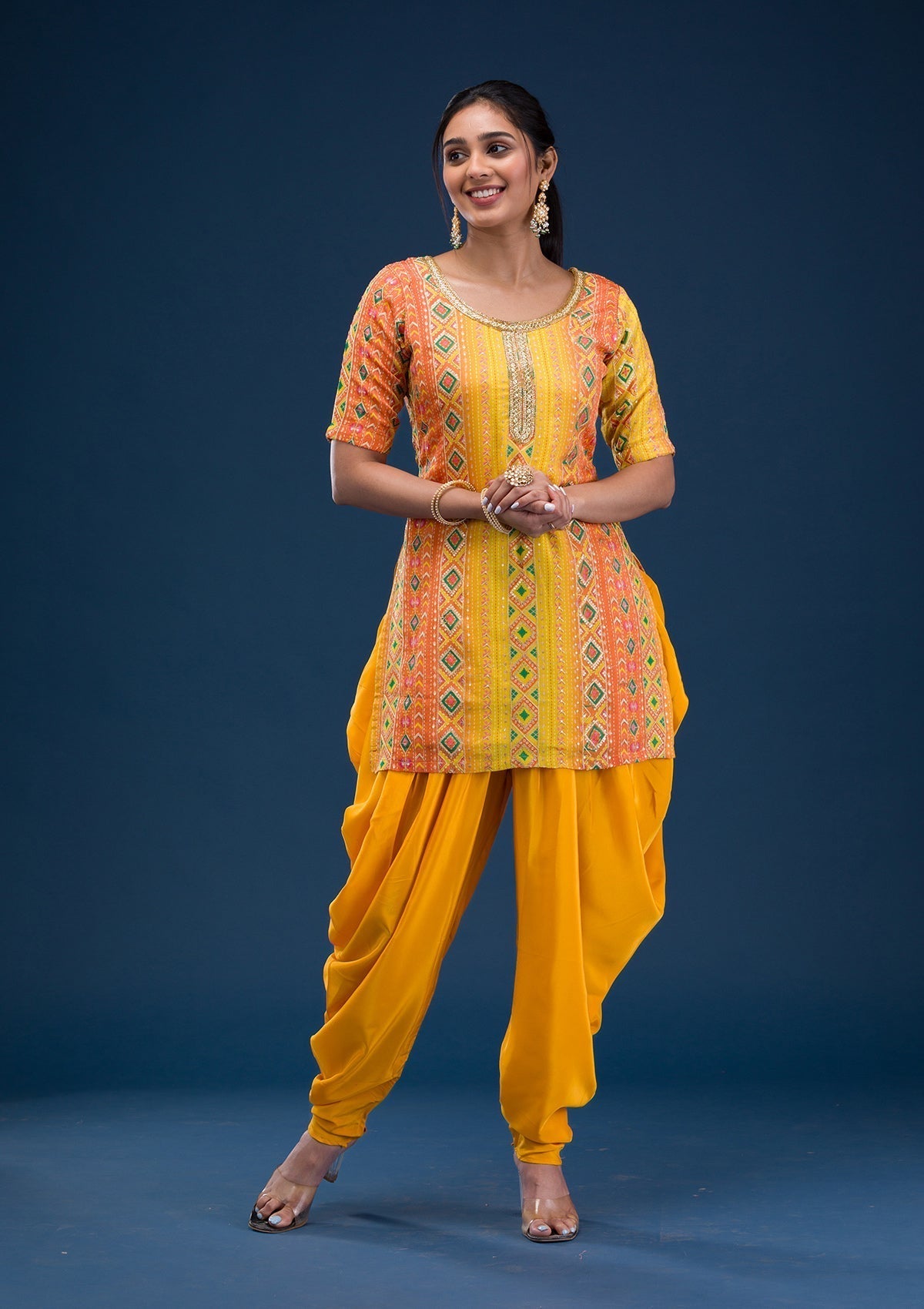 Yellow Printed Georgette Readymade Salwar Suit