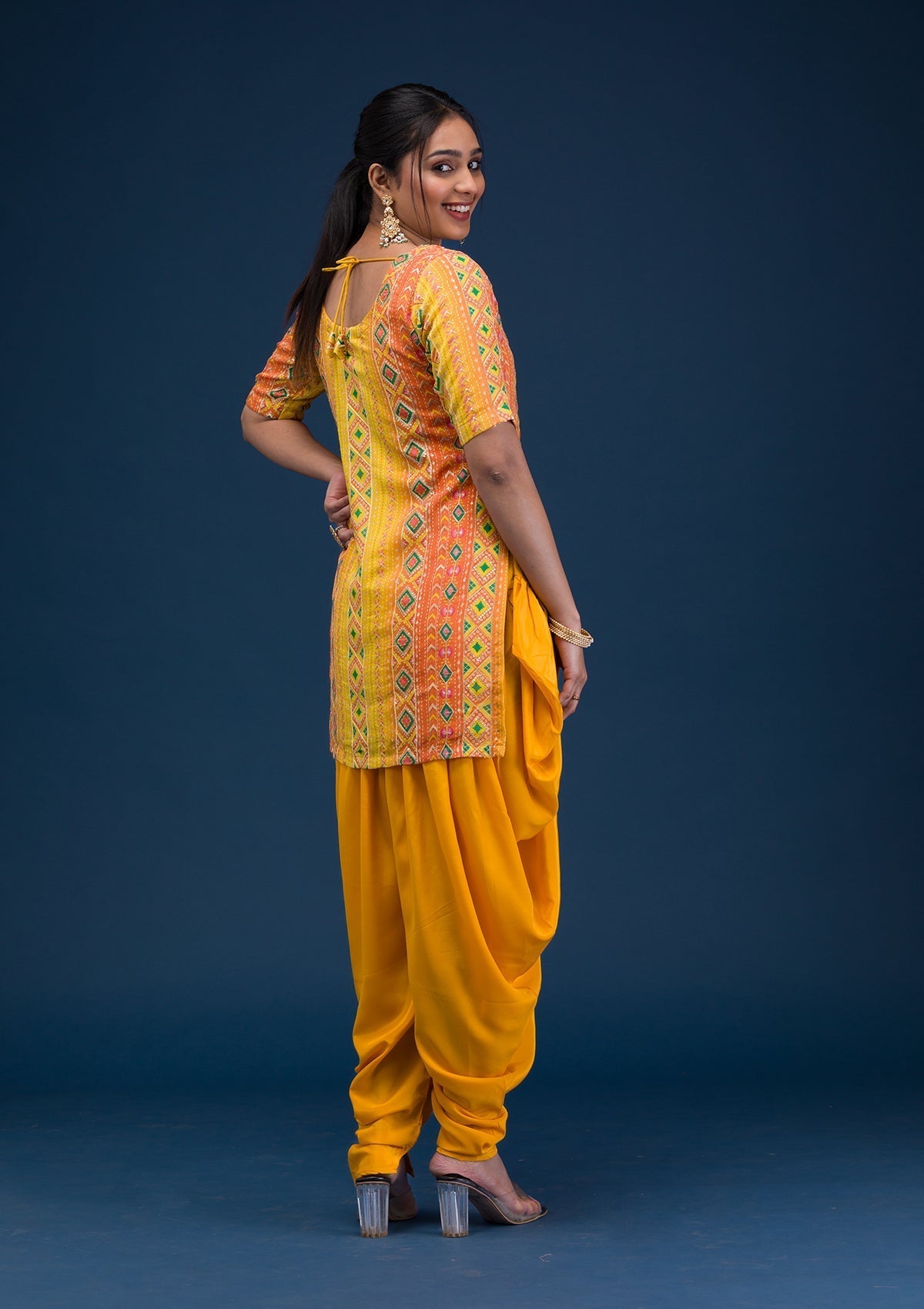 Yellow Printed Georgette Readymade Salwar Suit