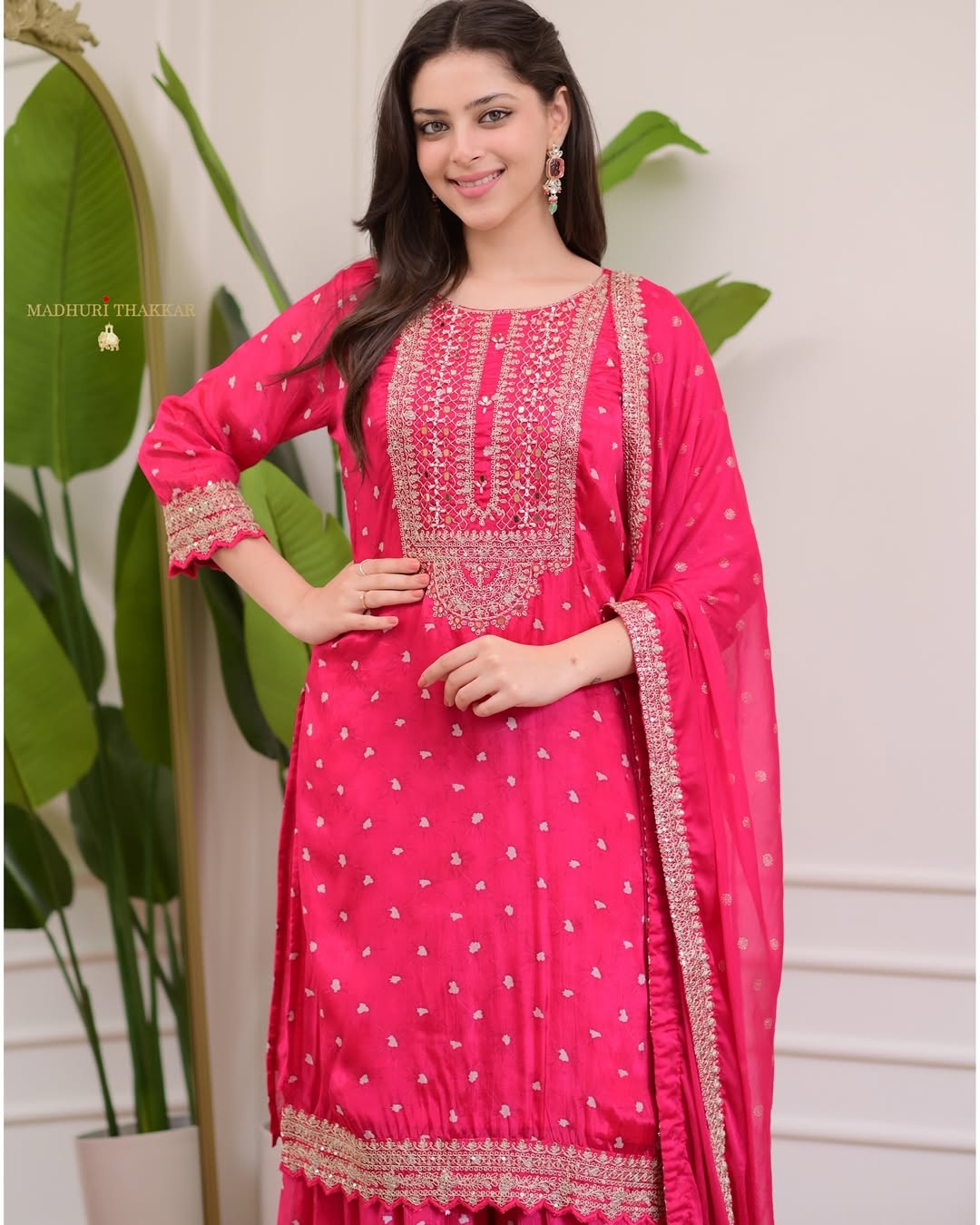 Women Pink Floral Embroidered Kurta with Sharara & With Dupatta