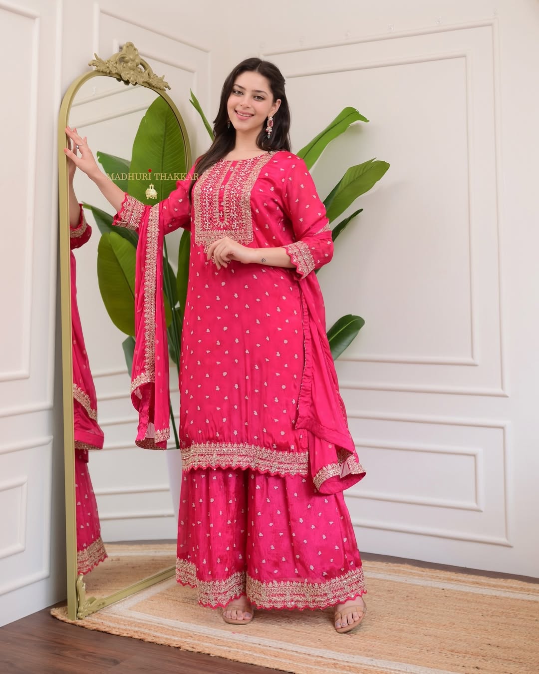 Women Pink Floral Embroidered Kurta with Sharara & With Dupatta