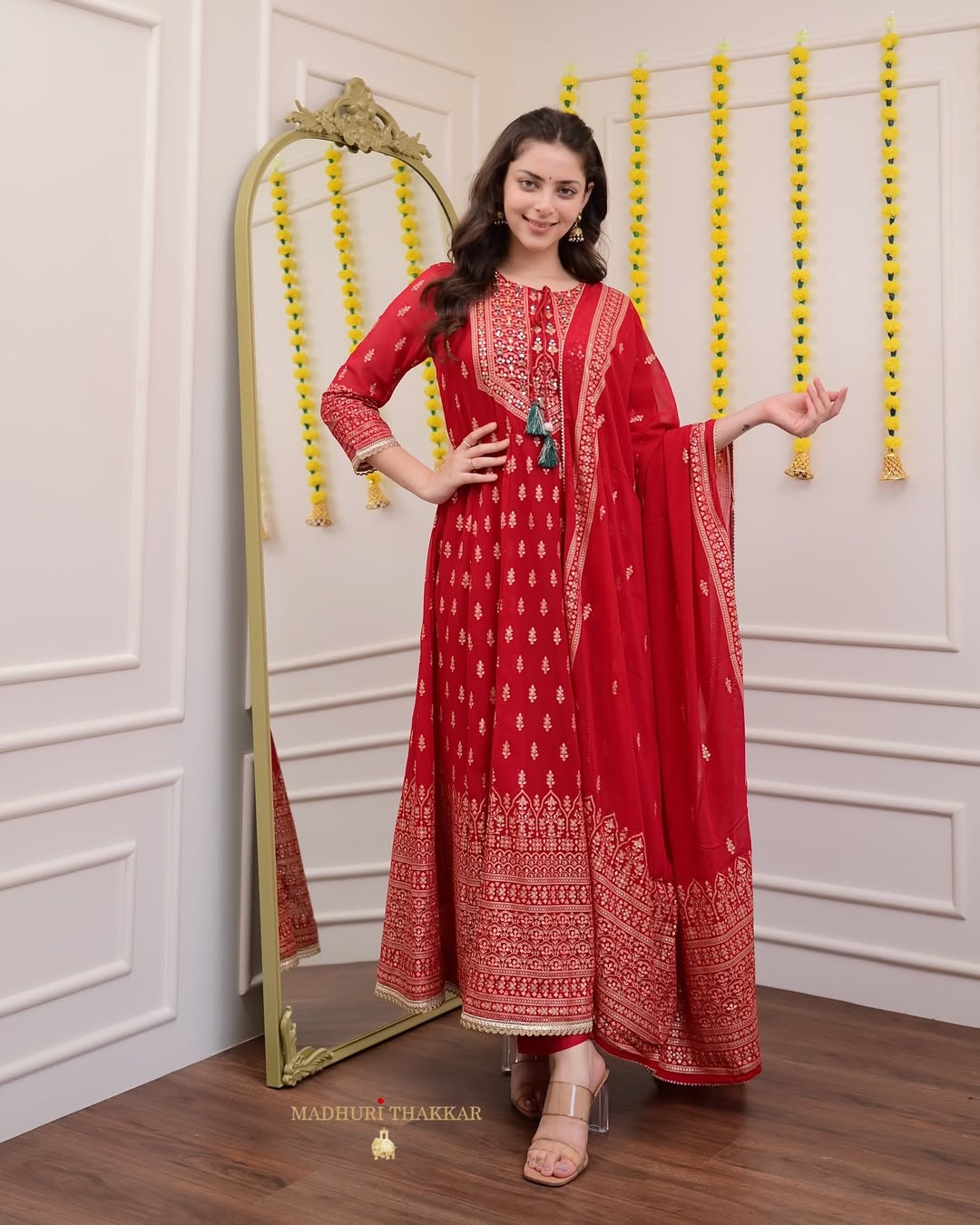 Floral Printed Thread Work Kurta With Skirt & Dupatta