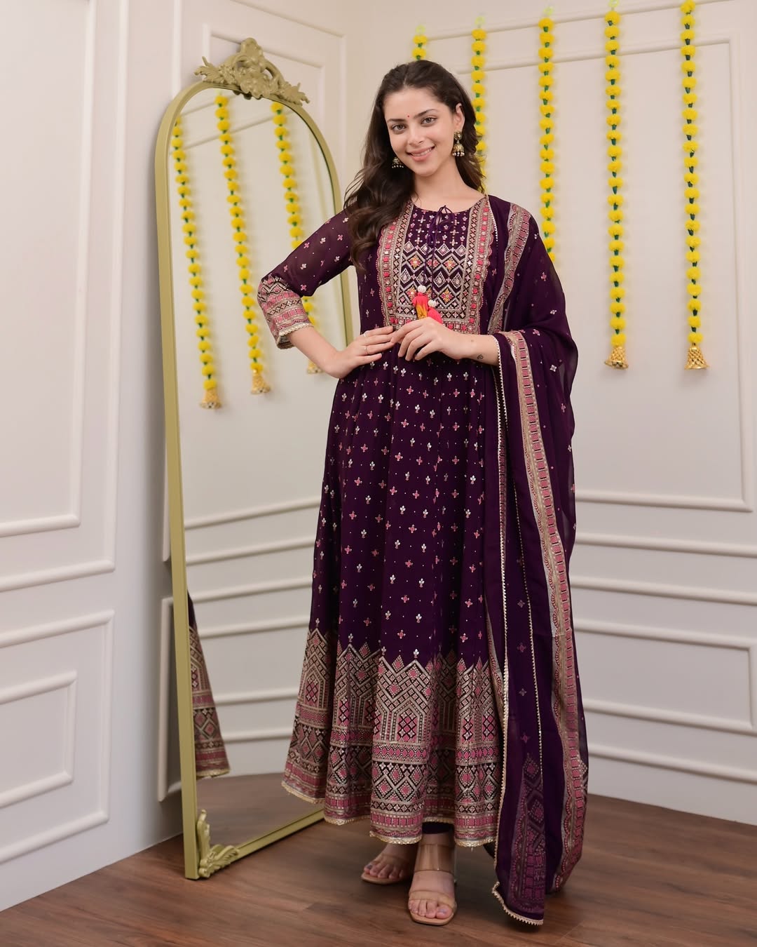 Print Empire Beads and Stones Anarkali Kurta with Trousers & Dupatta