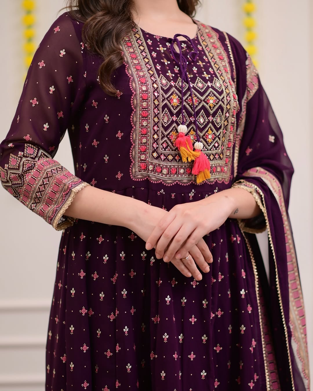 Print Empire Beads and Stones Anarkali Kurta with Trousers & Dupatta