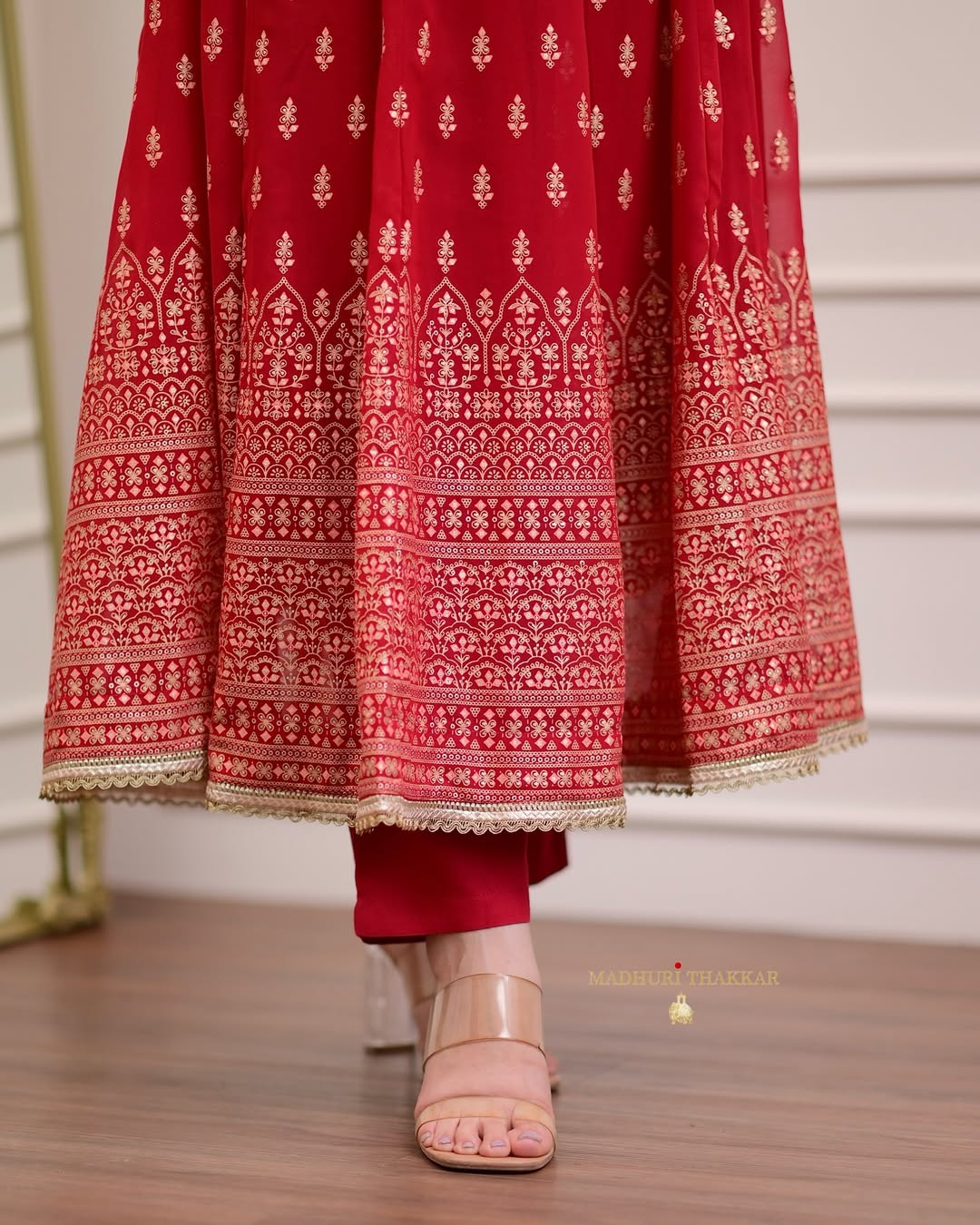 Floral Printed Thread Work Kurta With Skirt & Dupatta