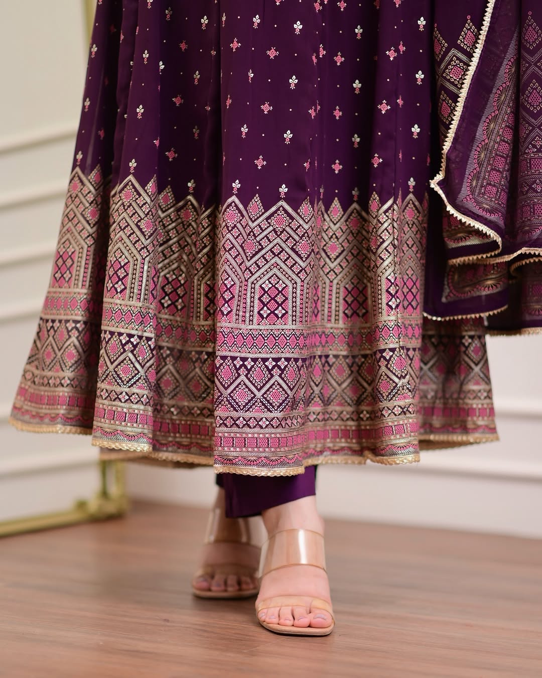 Print Empire Beads and Stones Anarkali Kurta with Trousers & Dupatta