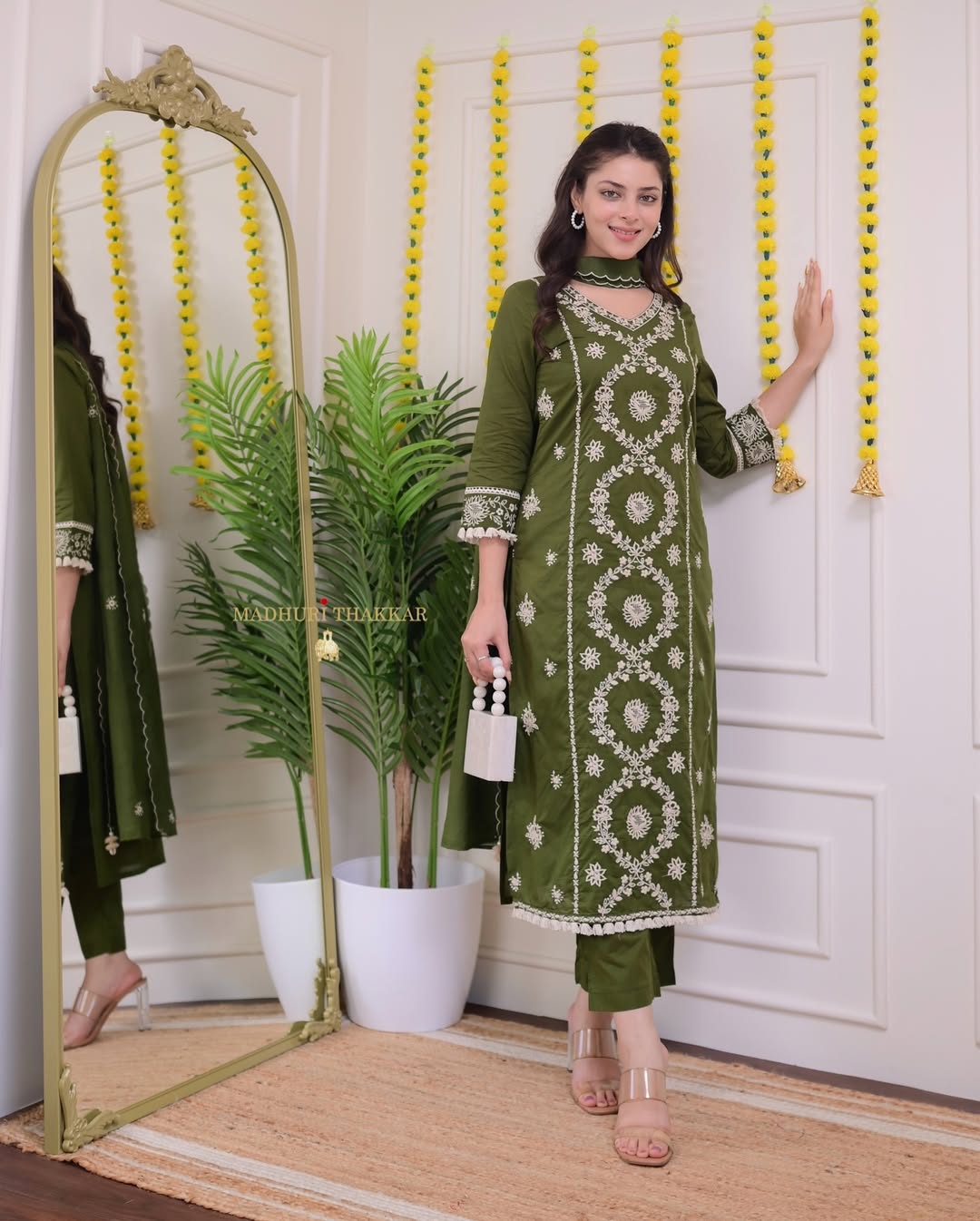 Bottle Green Threadwork Cotton Suit