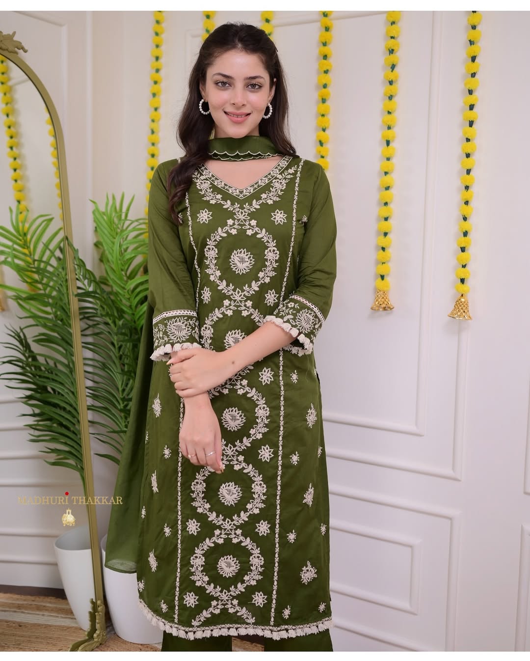 Bottle Green Threadwork Cotton Suit