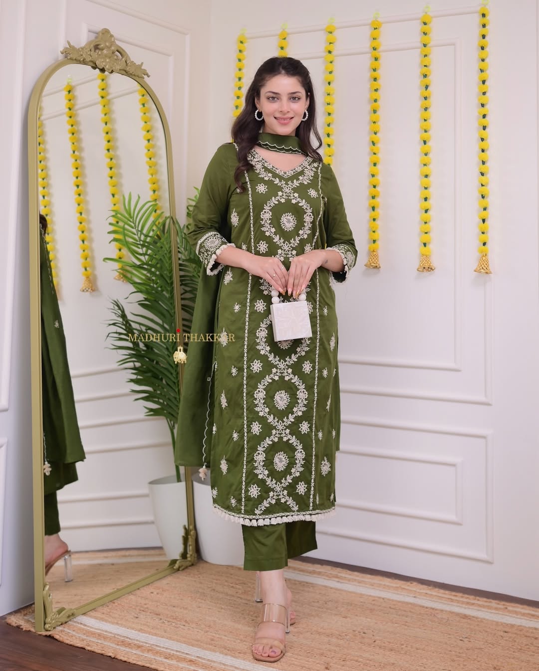 Bottle Green Threadwork Cotton Suit