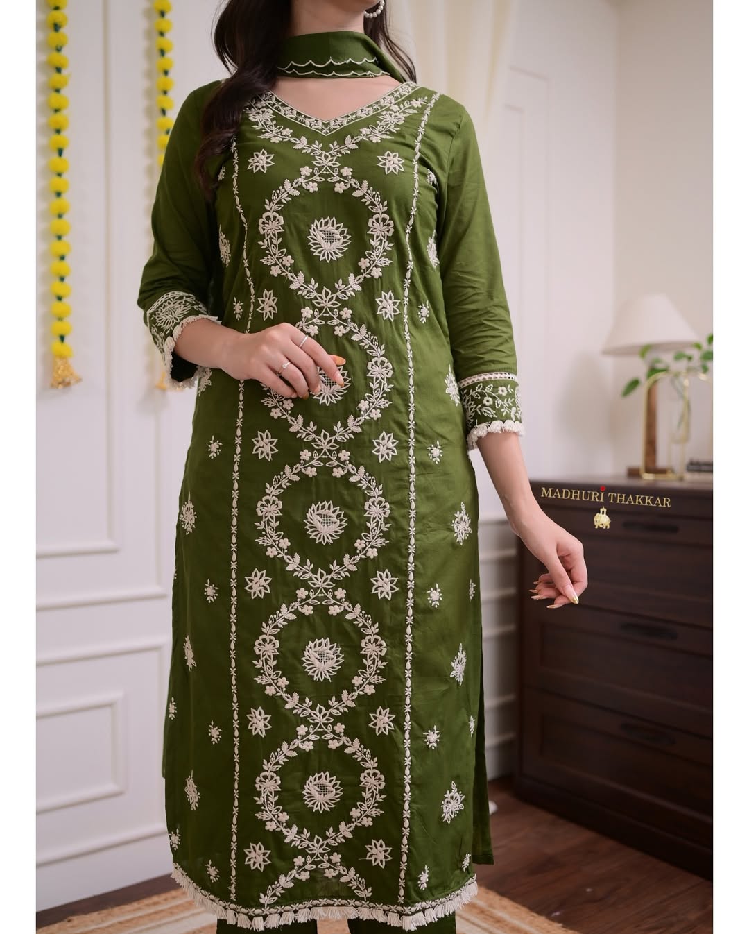 Bottle Green Threadwork Cotton Suit