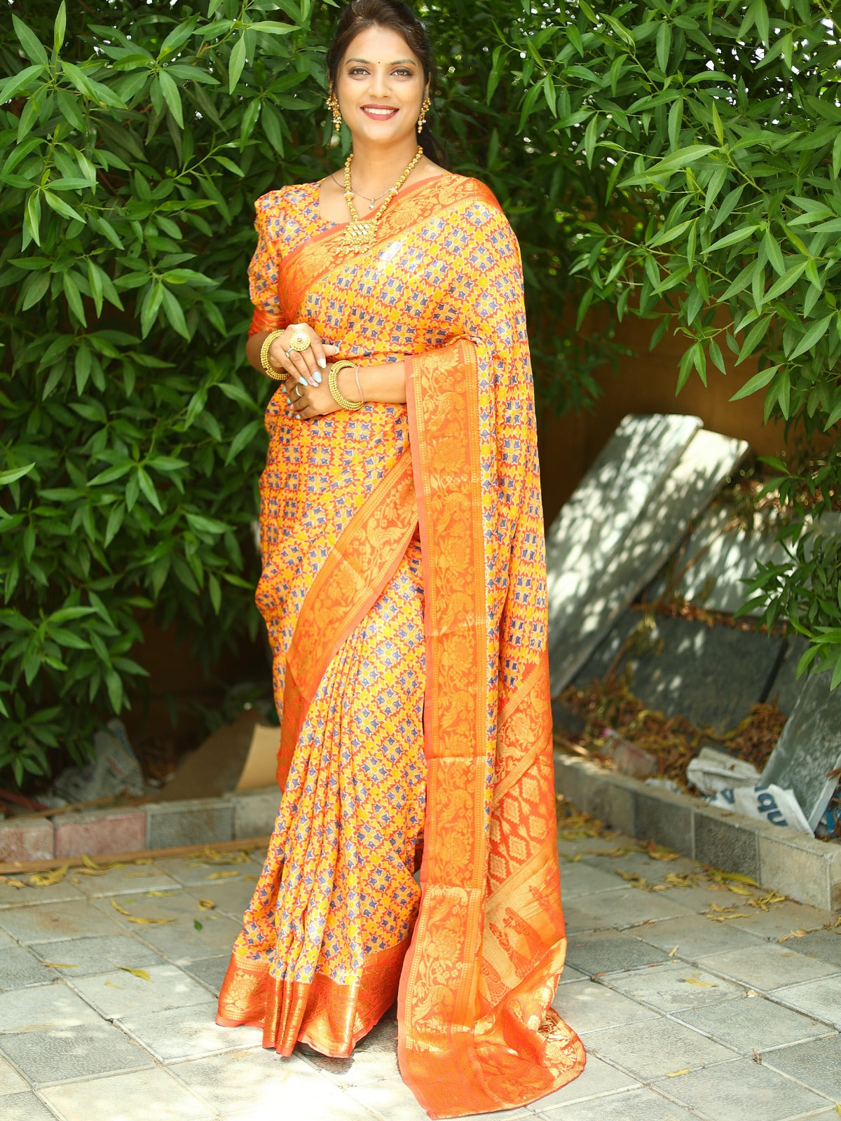Orange Color Ajrakh Art  Silk Saree