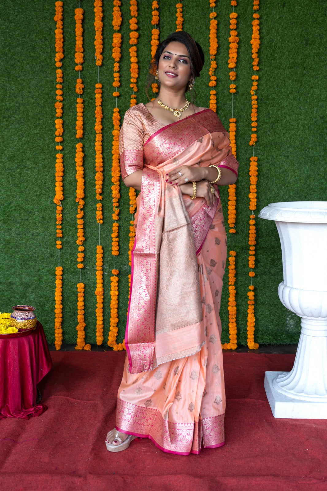 Banarasi Kanchi Silk Peach Copper Zari Pattern Saree