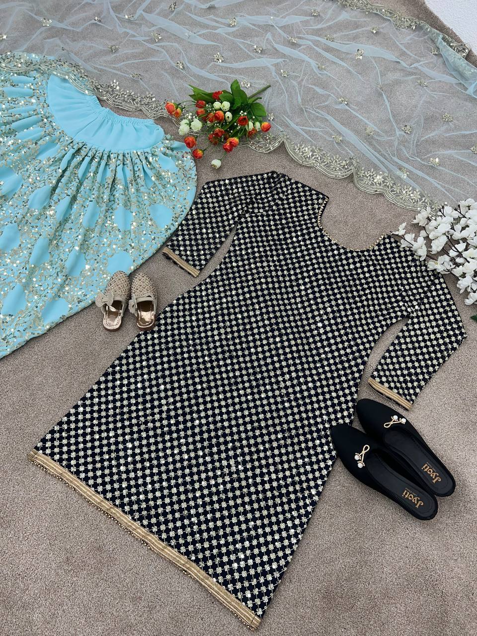 Black With Sky Blue Sequence Work Pretty Top With Dhoti Suit