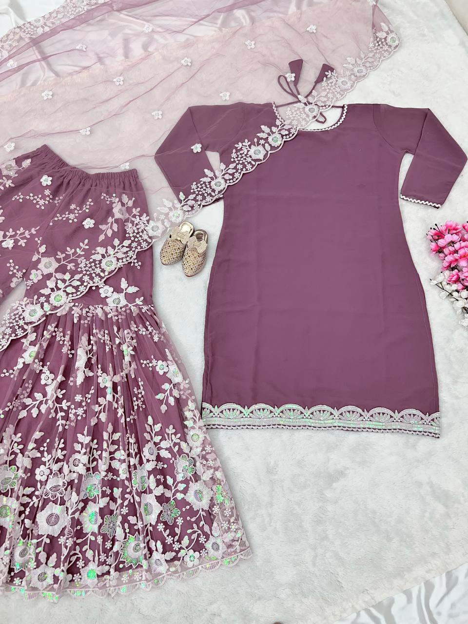 Dusty Pink Georgette Sequence Work Classy Sharara Suit