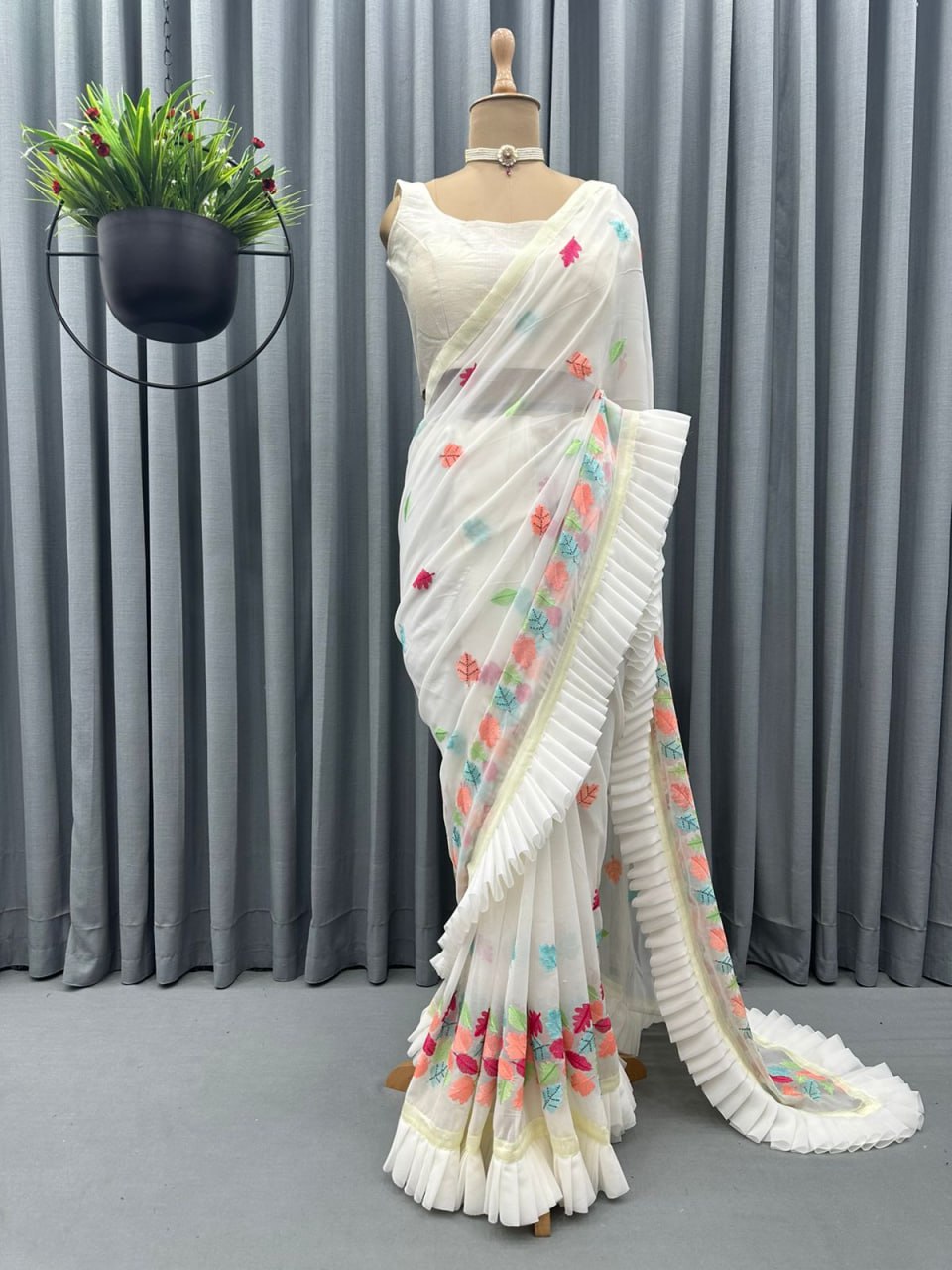 Lovely Ruffle Style White Color Thread And Hot Fix Work Saree