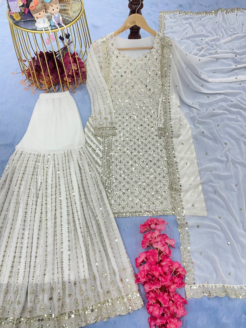 Wedding Wear White Color Sequence Work Sharara Suit