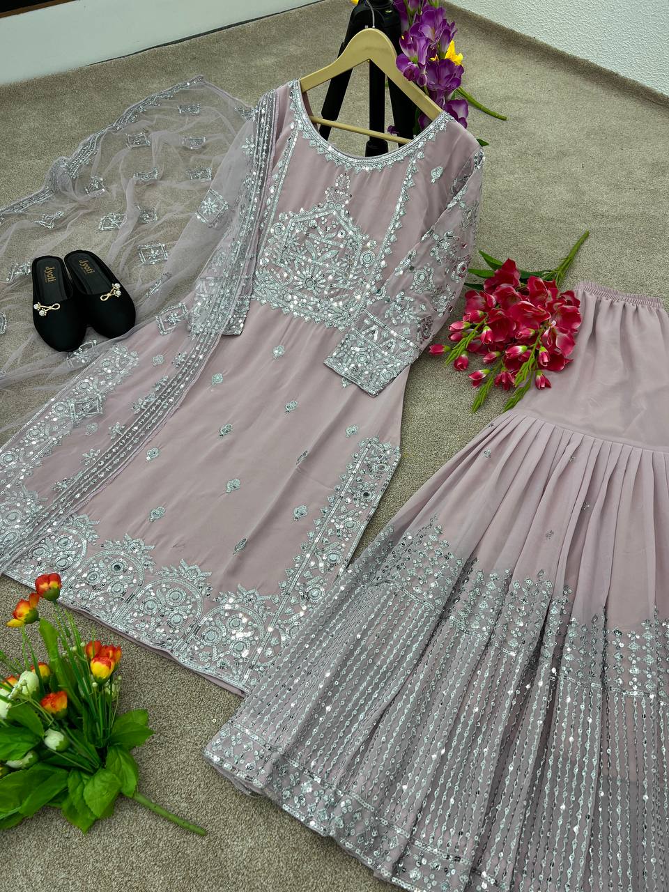 Dusty Pink Color Embroidery Sequence Work  Sharara Suit