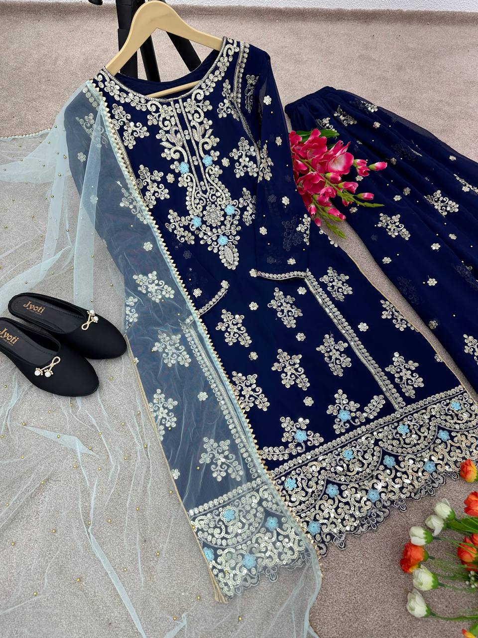 Wedding Wear Beautiful Work  Navy Blue Color Sharara Suit