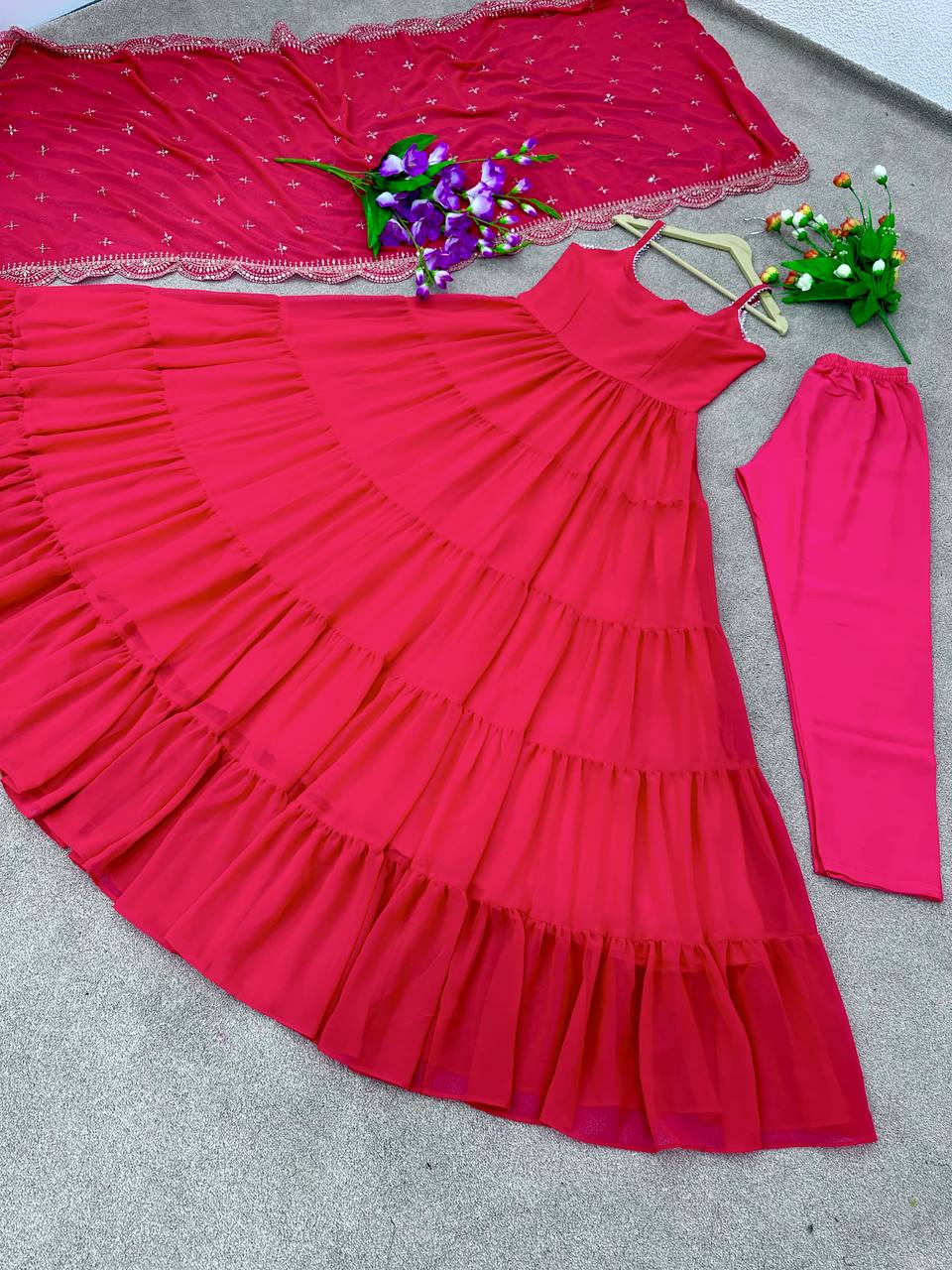 Beautiful Pink Color Ruffle Flair Anarkali Gown